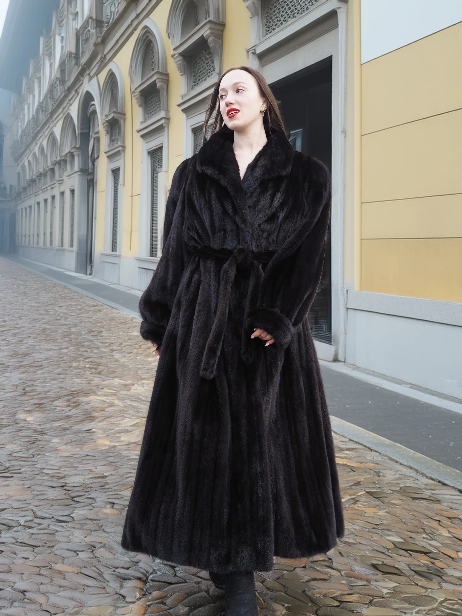 NAFA Dark Ranch Black Female Mink Fur Coat M 51" Long Huge Sweep 94"