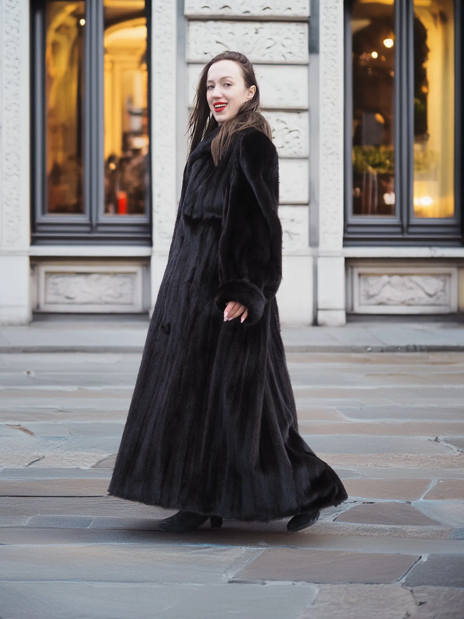 NAFA Dark Ranch Black Female Mink Fur Coat M 51" Long Huge Sweep 94"