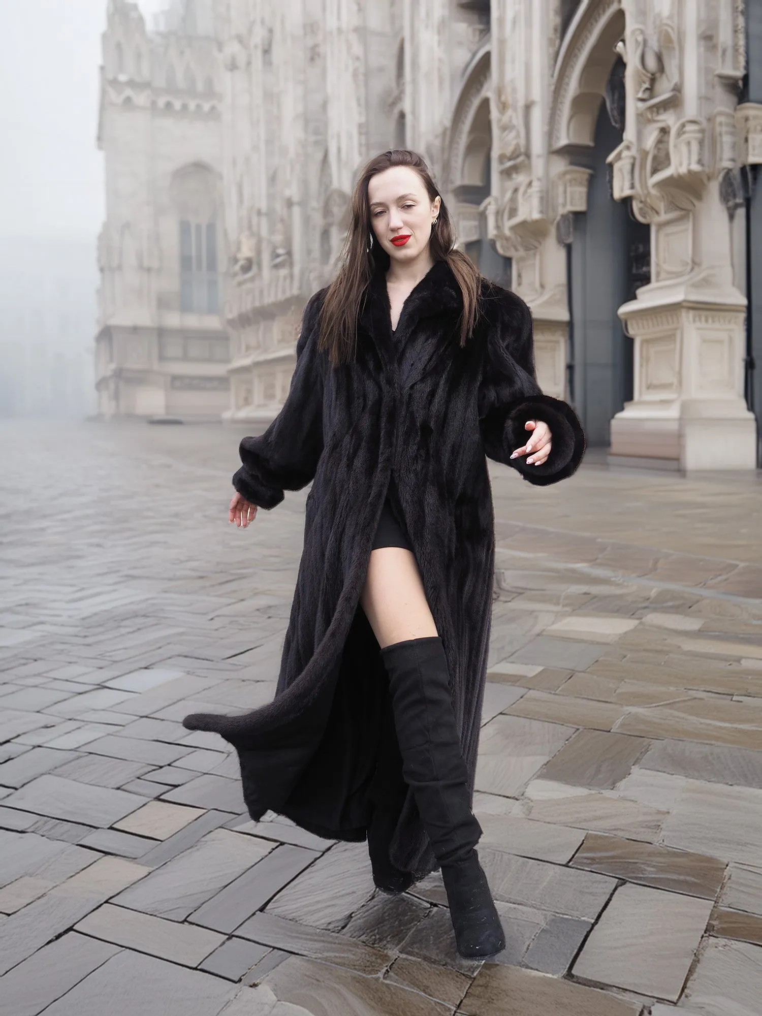 NAFA Dark Ranch Black Female Mink Fur Coat M 51" Long Huge Sweep 94"
