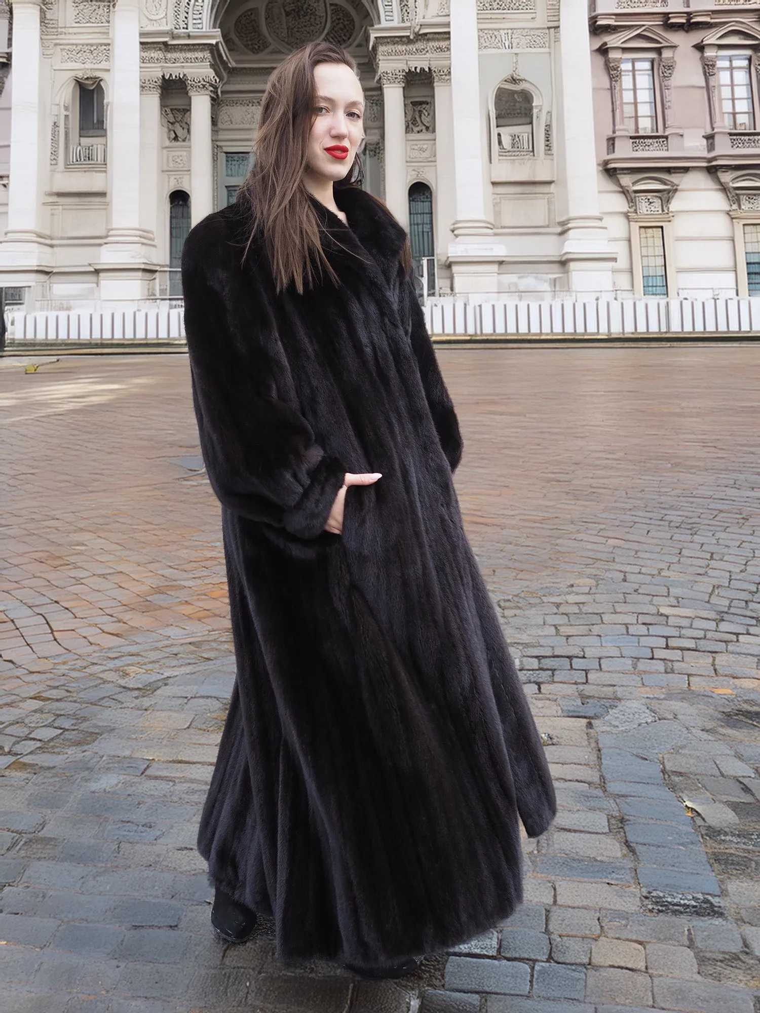 NAFA Dark Ranch Black Female Mink Fur Coat M 51" Long Huge Sweep 94"