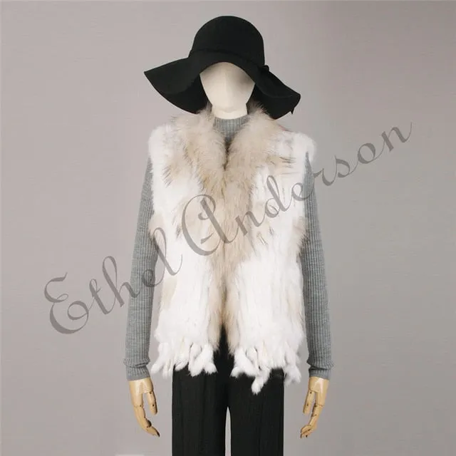 Natural Rabbit Fur Vest With Raccoon Fur Collar Party Waistcoat jackets knitted Gilets women wool vest colete de pele de coelho