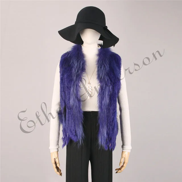 Natural Rabbit Fur Vest With Raccoon Fur Collar Party Waistcoat jackets knitted Gilets women wool vest colete de pele de coelho