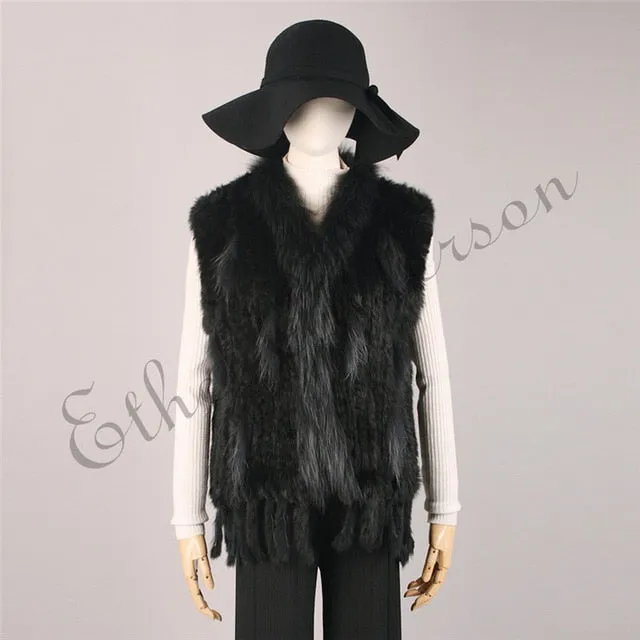 Natural Rabbit Fur Vest With Raccoon Fur Collar Party Waistcoat jackets knitted Gilets women wool vest colete de pele de coelho