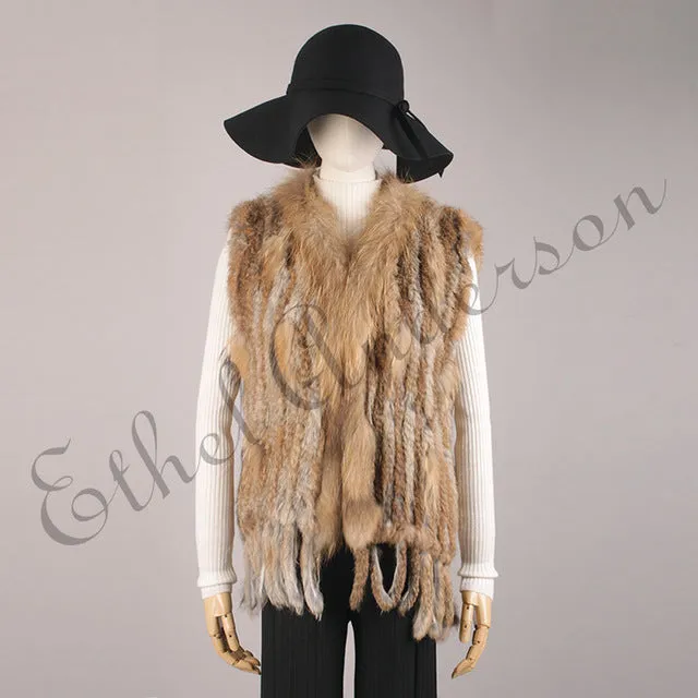 Natural Rabbit Fur Vest With Raccoon Fur Collar Party Waistcoat jackets knitted Gilets women wool vest colete de pele de coelho