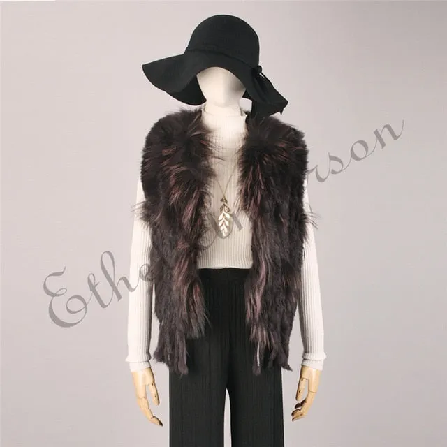 Natural Rabbit Fur Vest With Raccoon Fur Collar Party Waistcoat jackets knitted Gilets women wool vest colete de pele de coelho