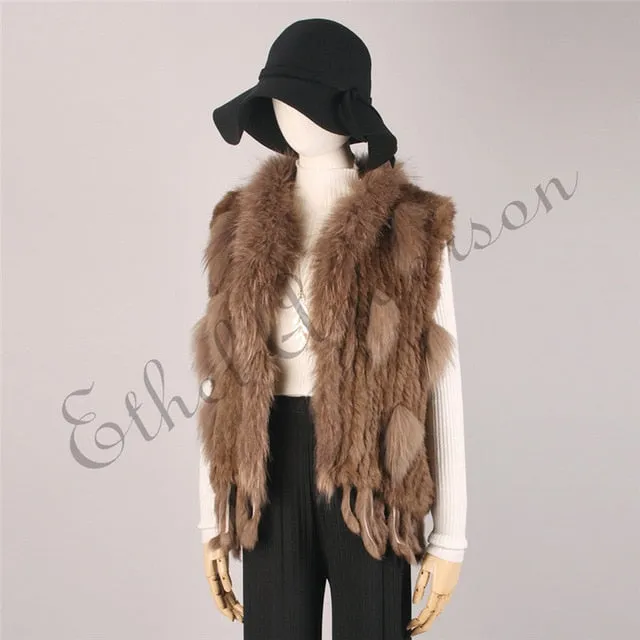 Natural Rabbit Fur Vest With Raccoon Fur Collar Party Waistcoat jackets knitted Gilets women wool vest colete de pele de coelho