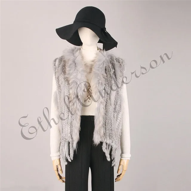 Natural Rabbit Fur Vest With Raccoon Fur Collar Party Waistcoat jackets knitted Gilets women wool vest colete de pele de coelho