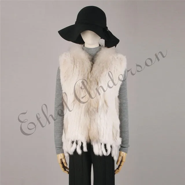 Natural Rabbit Fur Vest With Raccoon Fur Collar Party Waistcoat jackets knitted Gilets women wool vest colete de pele de coelho