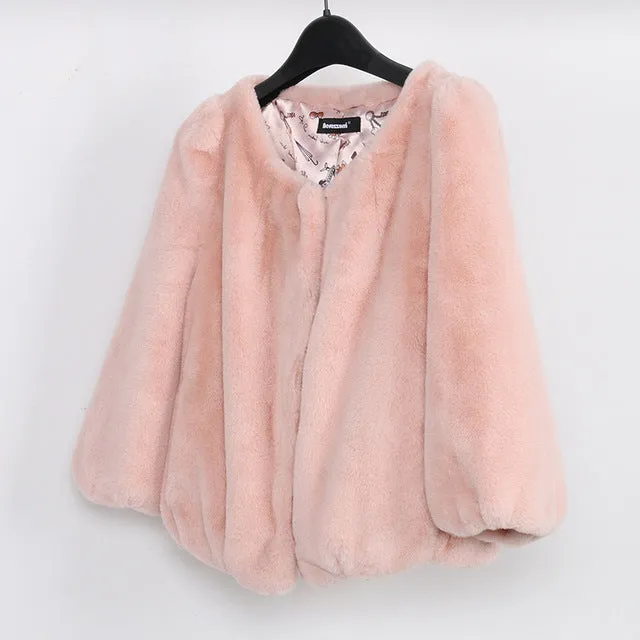 Nerazzurri Faux Fur Coat Women 2018 Winter Puff Sleeve Short Cropped Top Ruched Pink Red Black Colored Fake Rabbit Fur Jacket