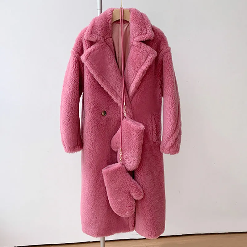 New Fashion Long Alpaca Gloves Coat Sets Turn Down Collar Oversize Teddy Bear Coat for Women