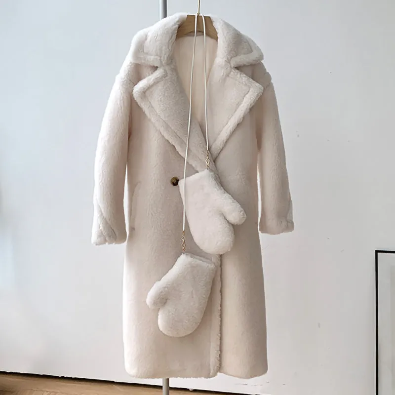 New Fashion Long Alpaca Gloves Coat Sets Turn Down Collar Oversize Teddy Bear Coat for Women