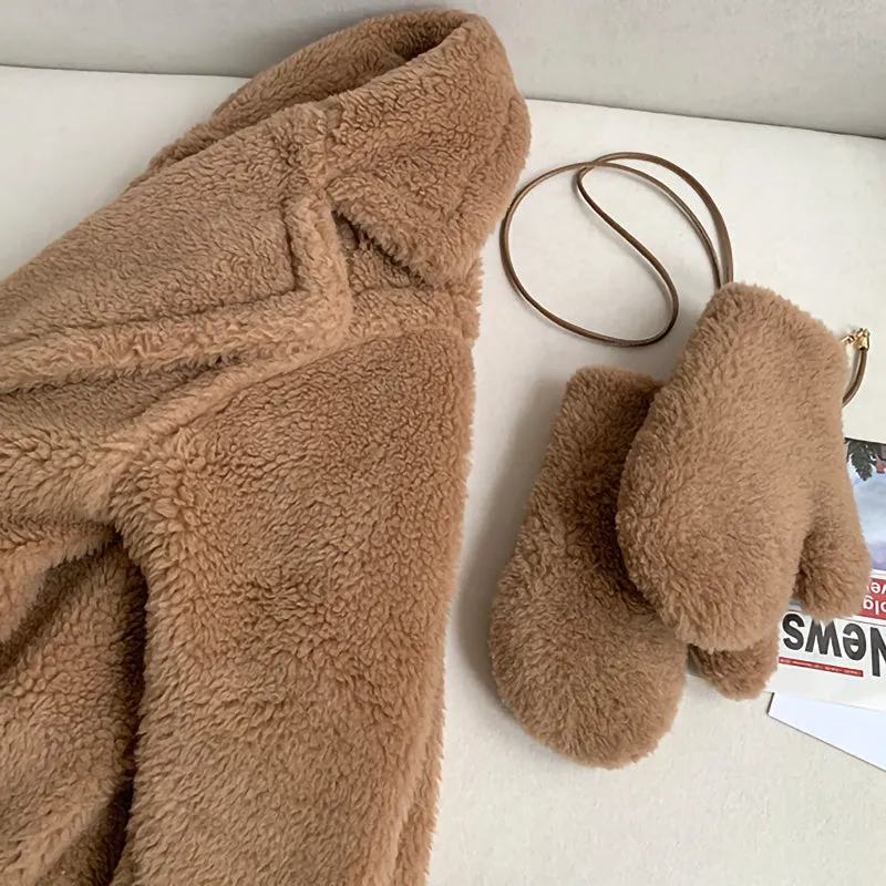 New Fashion Long Alpaca Gloves Coat Sets Turn Down Collar Oversize Teddy Bear Coat for Women