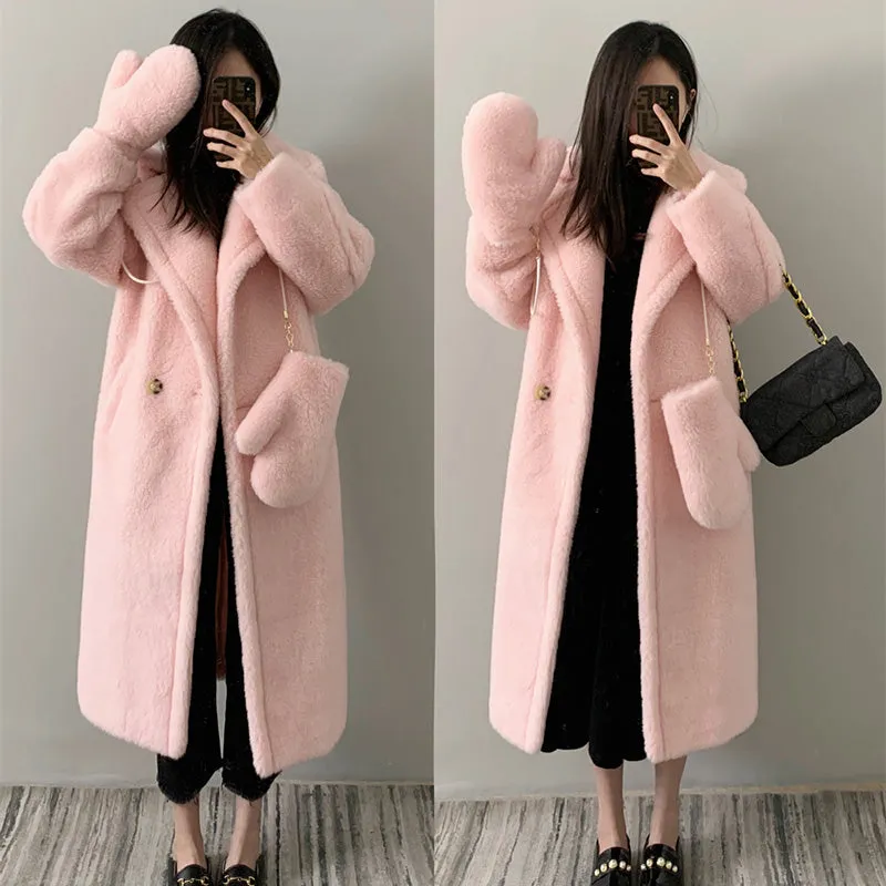 New Fashion Long Alpaca Gloves Coat Sets Turn Down Collar Oversize Teddy Bear Coat for Women