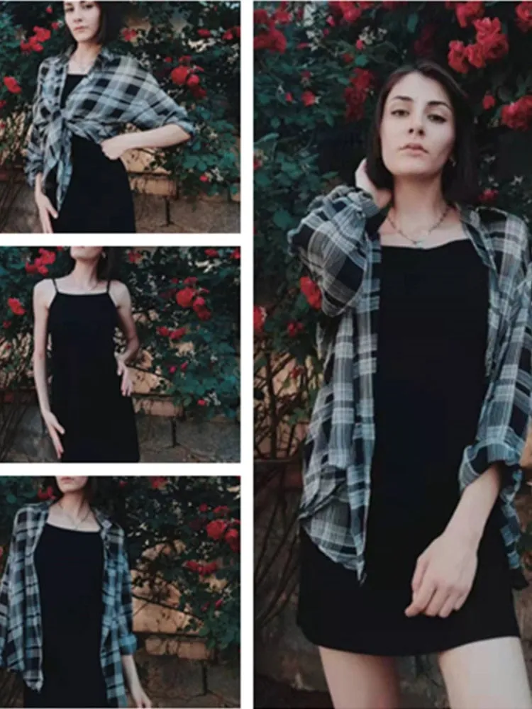 New Summer Autumn Casual Two Piece Set Long Sleeve Plaid Grey Overcoats Spaghetti Strap Slim Black Solid Dress