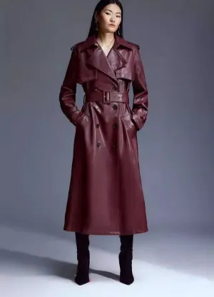 New Women's Burgundy Trench Leather Coat. Real Soft Lambskin Leather Long Coat M
