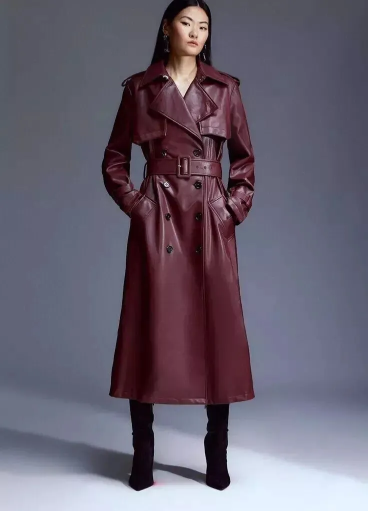 New Women's Burgundy Trench Leather Coat. Real Soft Lambskin Leather Long Coat M