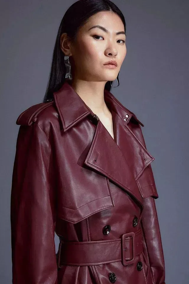 New Women's Burgundy Trench Leather Coat. Real Soft Lambskin Leather Long Coat M