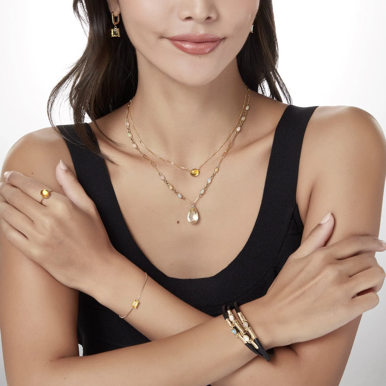 Opal Moonstone Triple Leather Bracelet - Gold