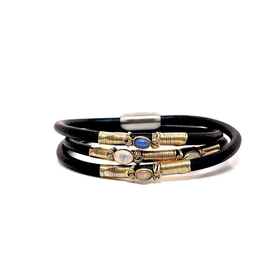 Opal Moonstone Triple Leather Bracelet - Gold