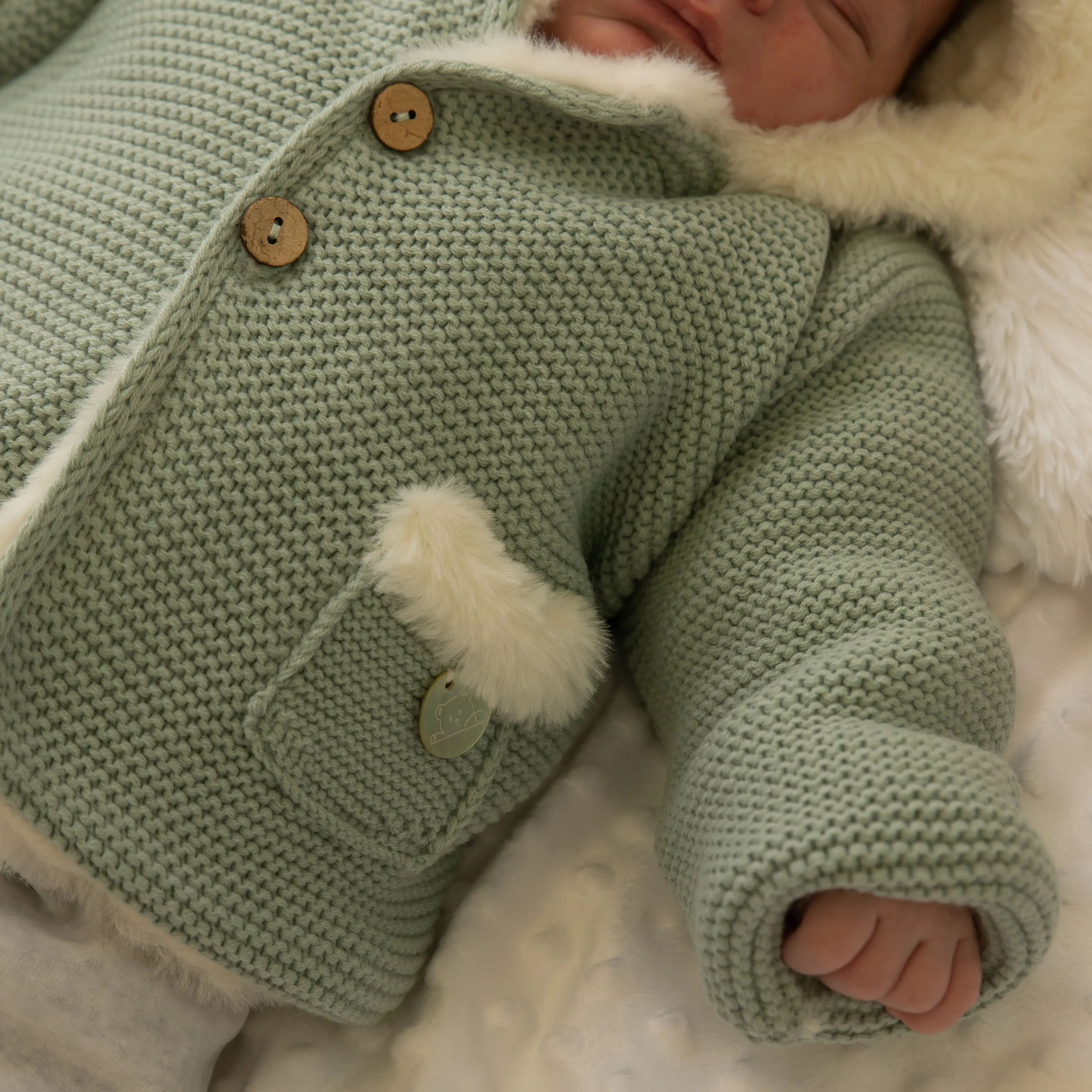 Pangasa Soft Green Faux Fur Lined Pocket Knitted Jacket