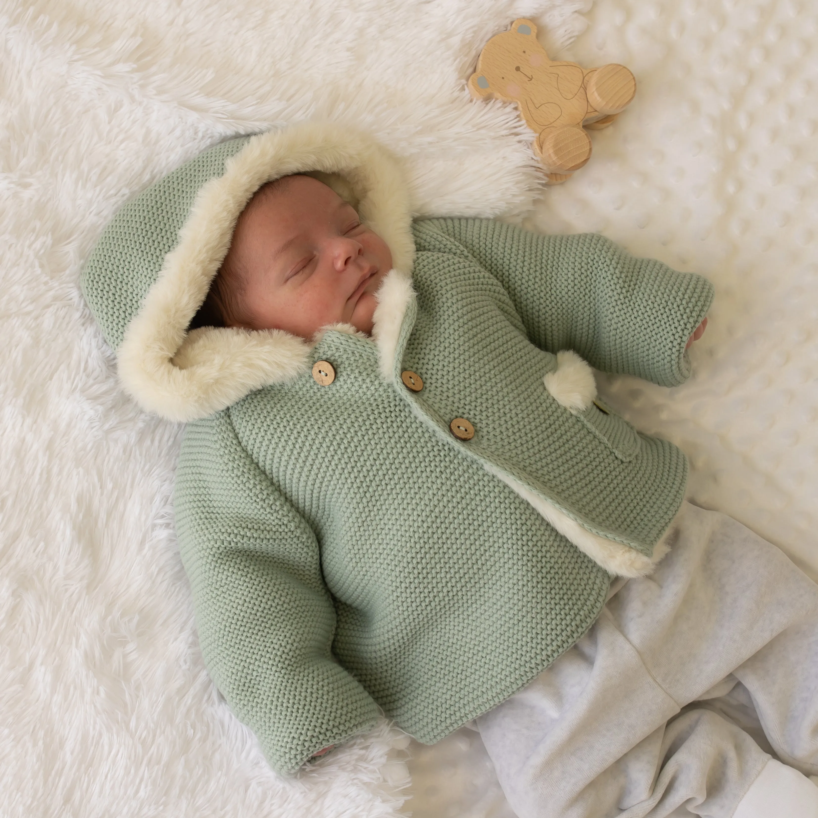 Pangasa Soft Green Faux Fur Lined Pocket Knitted Jacket