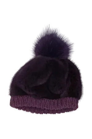 Perforated Mink Beanie Hat-Mink Fur Pom Pom