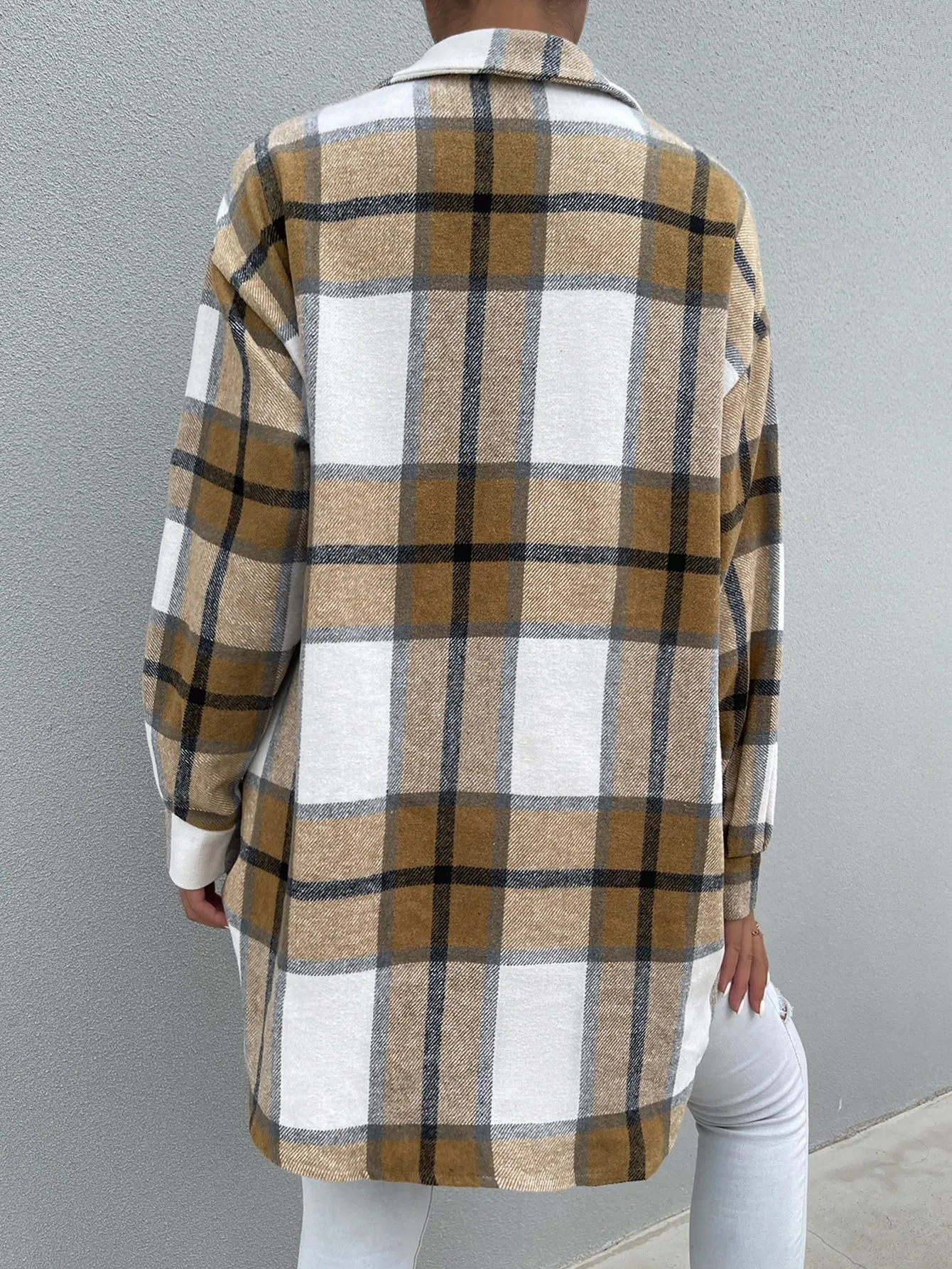 Plaid Pocket Long Sleeve Collar Knee Length Women Overcoat