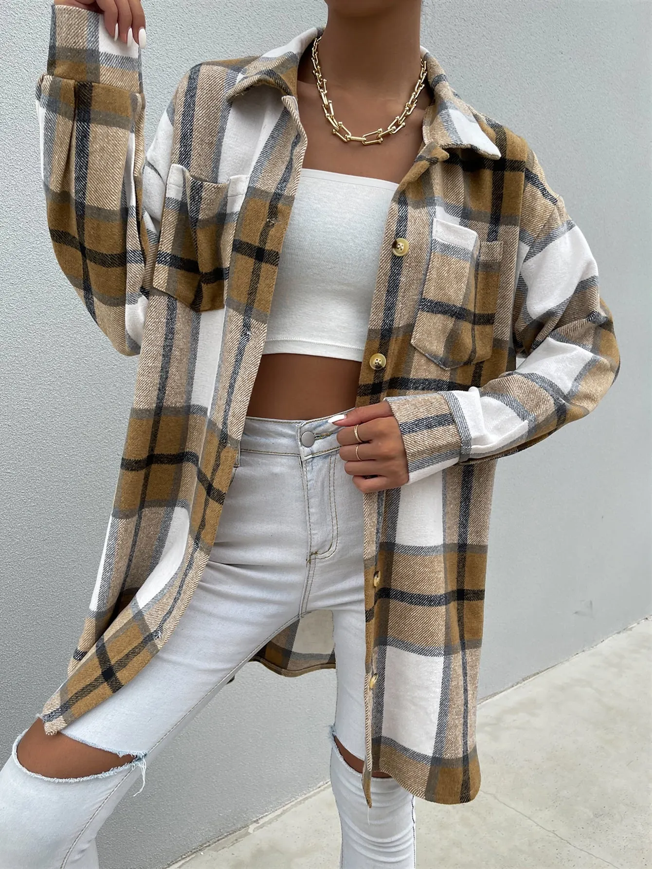 Plaid Pocket Long Sleeve Collar Knee Length Women Overcoat