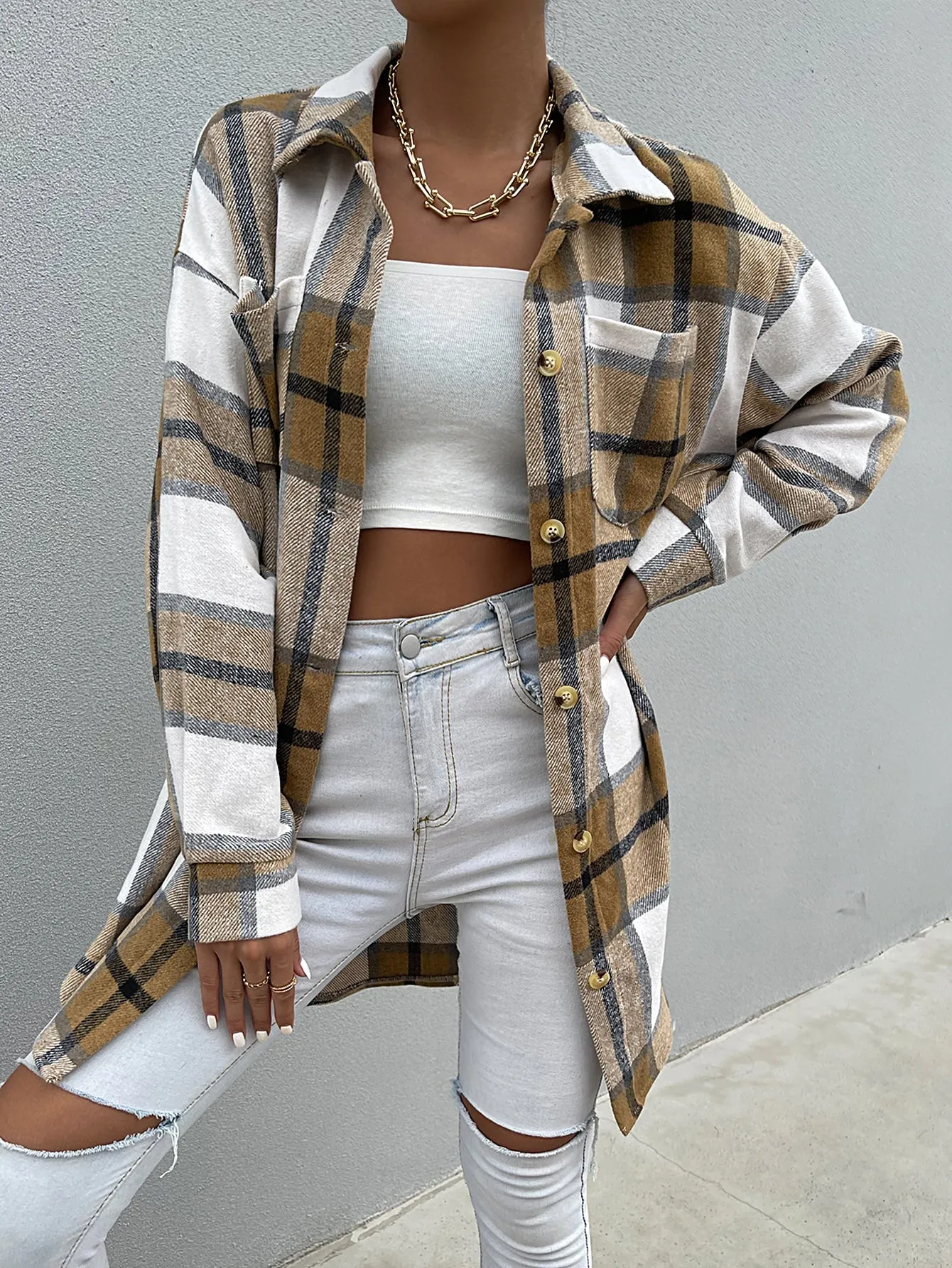 Plaid Pocket Long Sleeve Collar Knee Length Women Overcoat