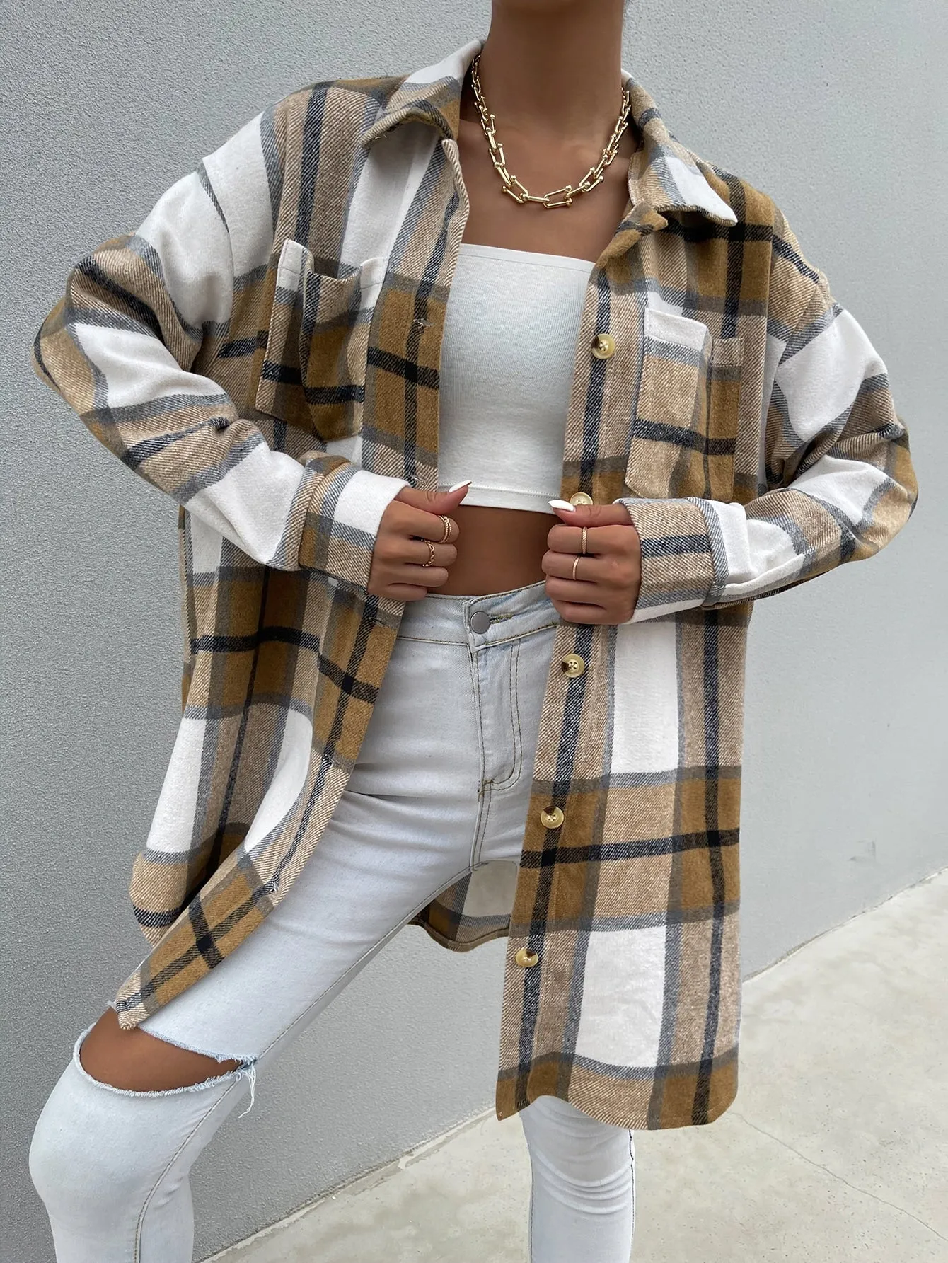 Plaid Pocket Long Sleeve Collar Knee Length Women Overcoat