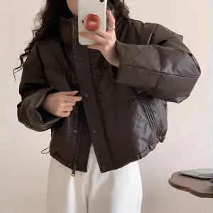 PU leather short white duck down jacket women's 2025 winter new fashion stand-up collar leave-in loose small coat