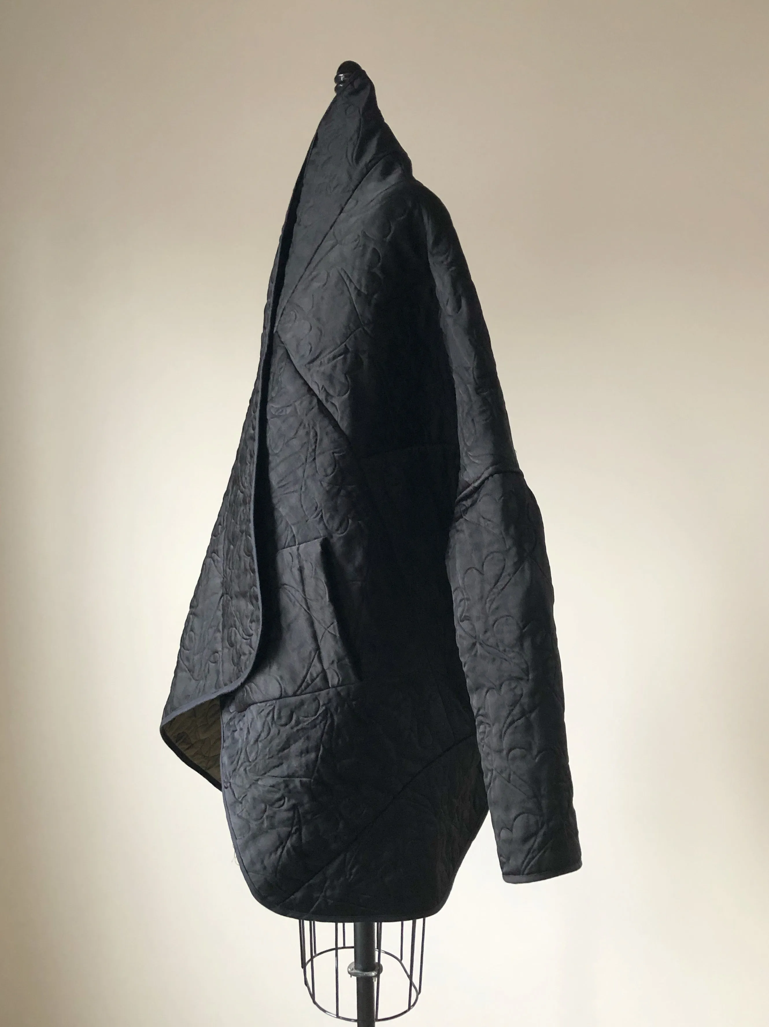 quilted black double face silk satin and cashmere cocoon