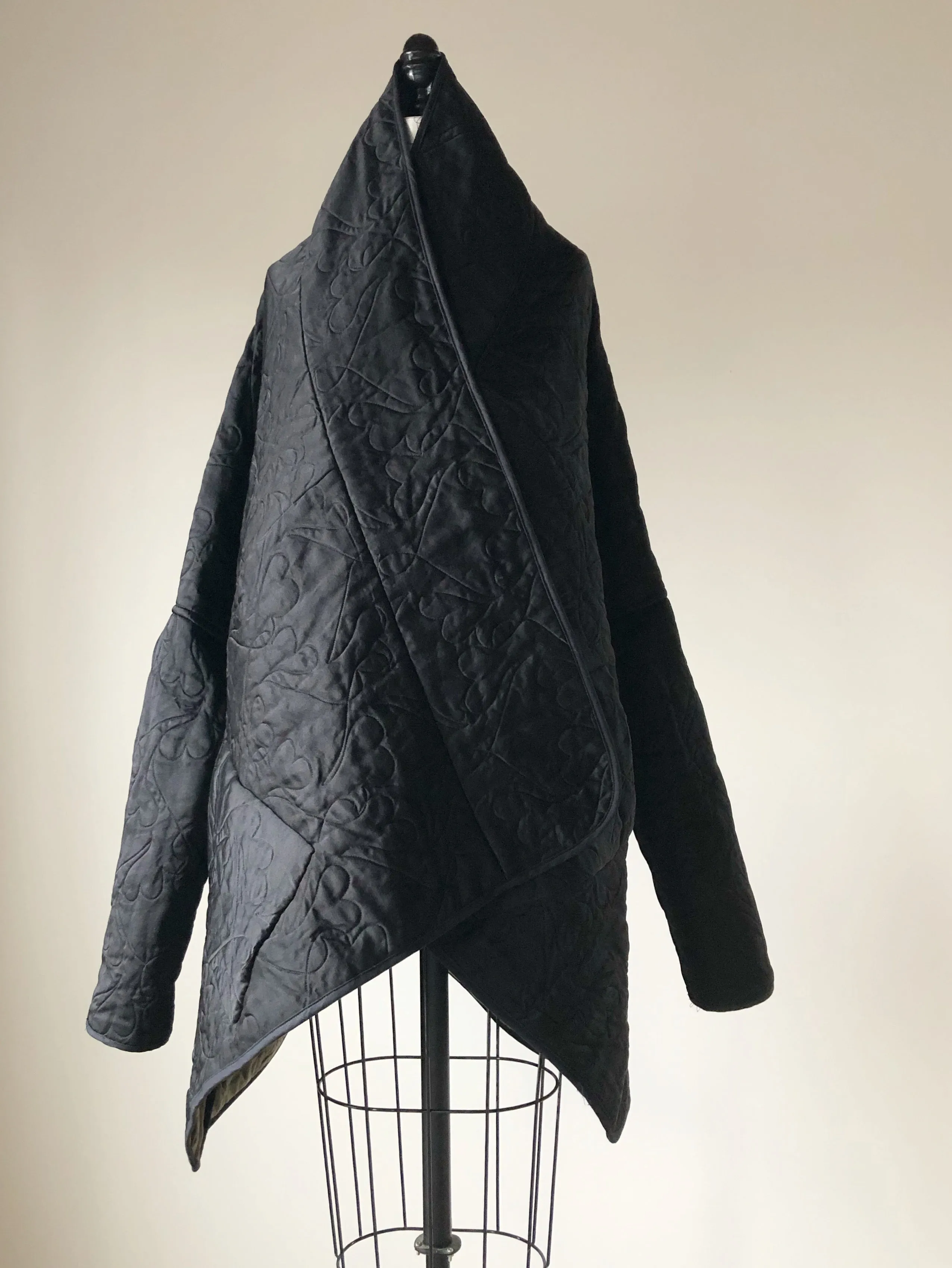 quilted black double face silk satin and cashmere cocoon