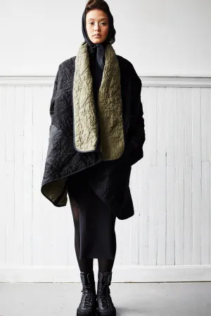 quilted black double face silk satin and cashmere cocoon