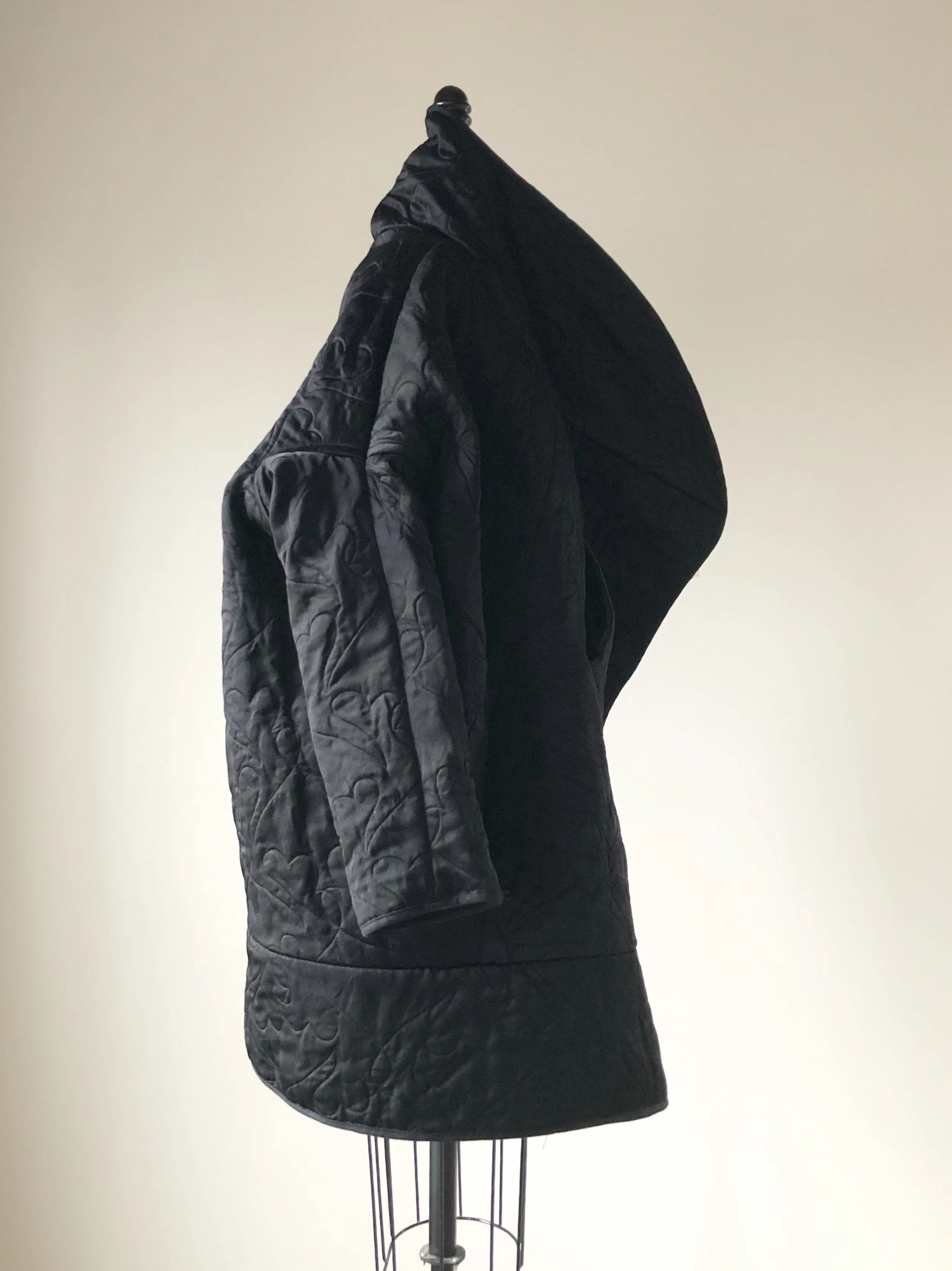 quilted black double face silk satin and cashmere cocoon