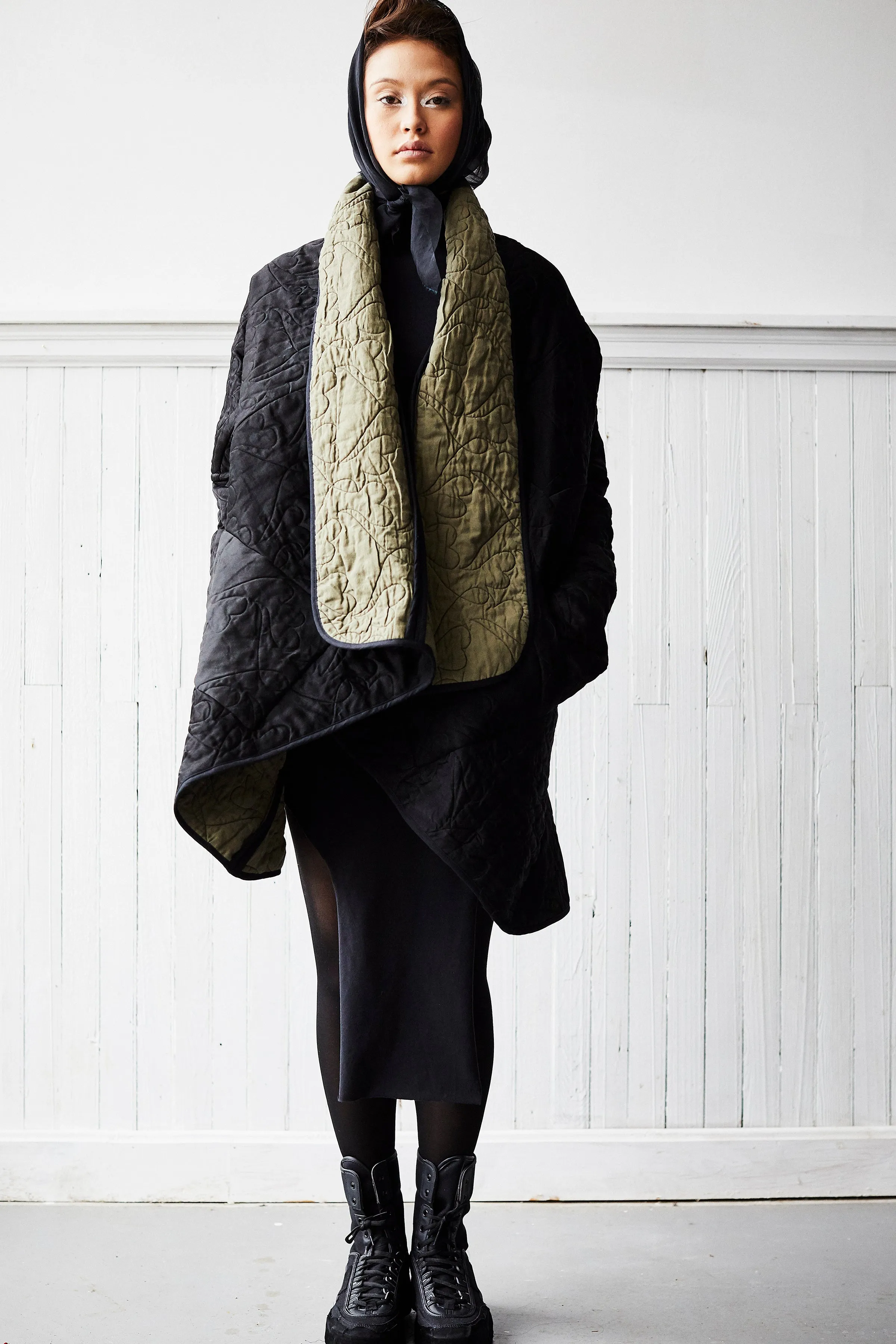 quilted black double face silk satin and cashmere cocoon