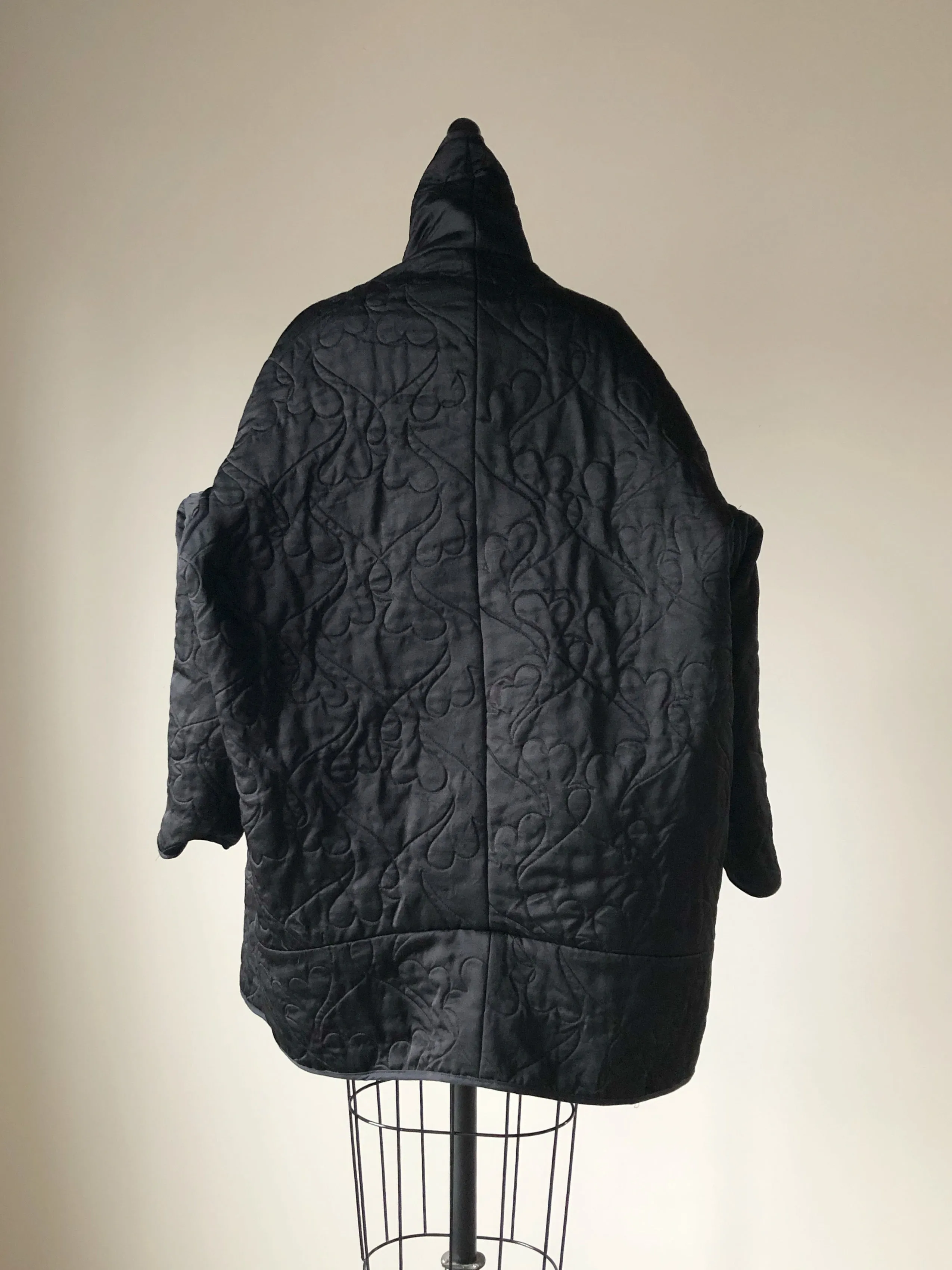 quilted black double face silk satin and cashmere cocoon