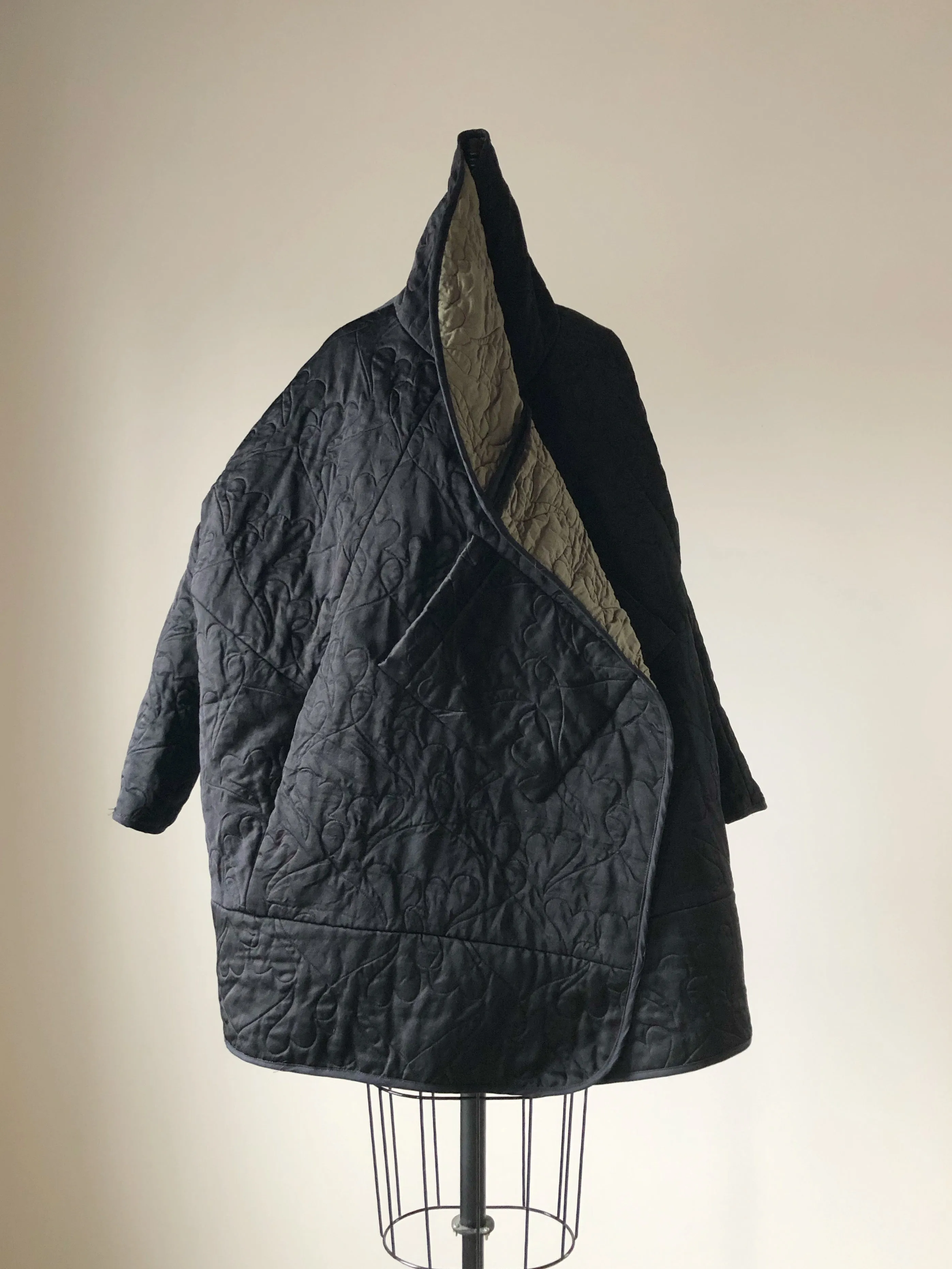 quilted black double face silk satin and cashmere cocoon