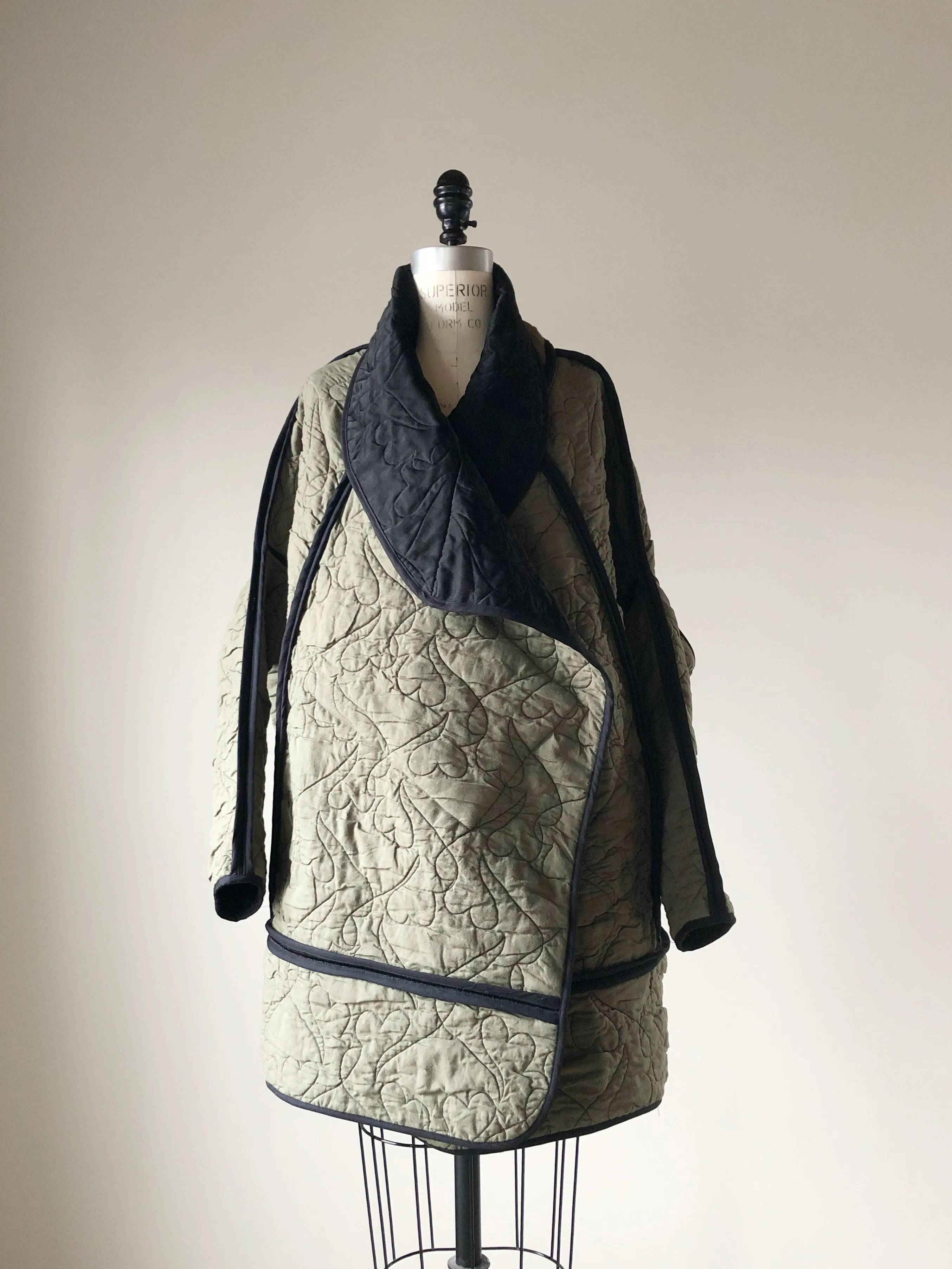 quilted black double face silk satin and cashmere cocoon