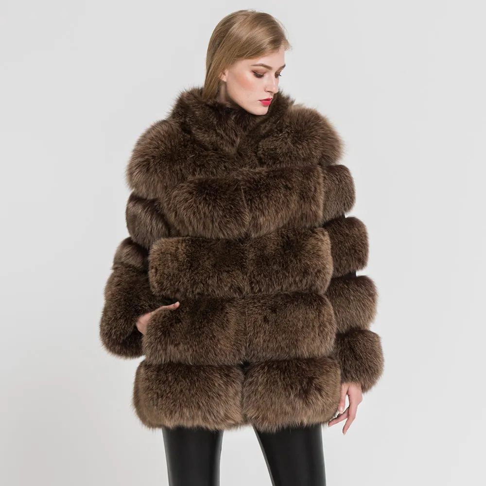 Real Fox Fur Coat Women Natural Fur Jacket Winter Thick Outerwear Coffee Frosted