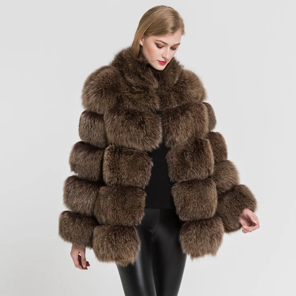 Real Fox Fur Coat Women Natural Fur Jacket Winter Thick Outerwear Coffee Frosted