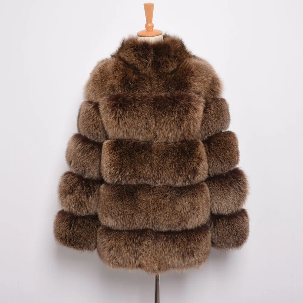 Real Fox Fur Coat Women Natural Fur Jacket Winter Thick Outerwear Coffee Frosted