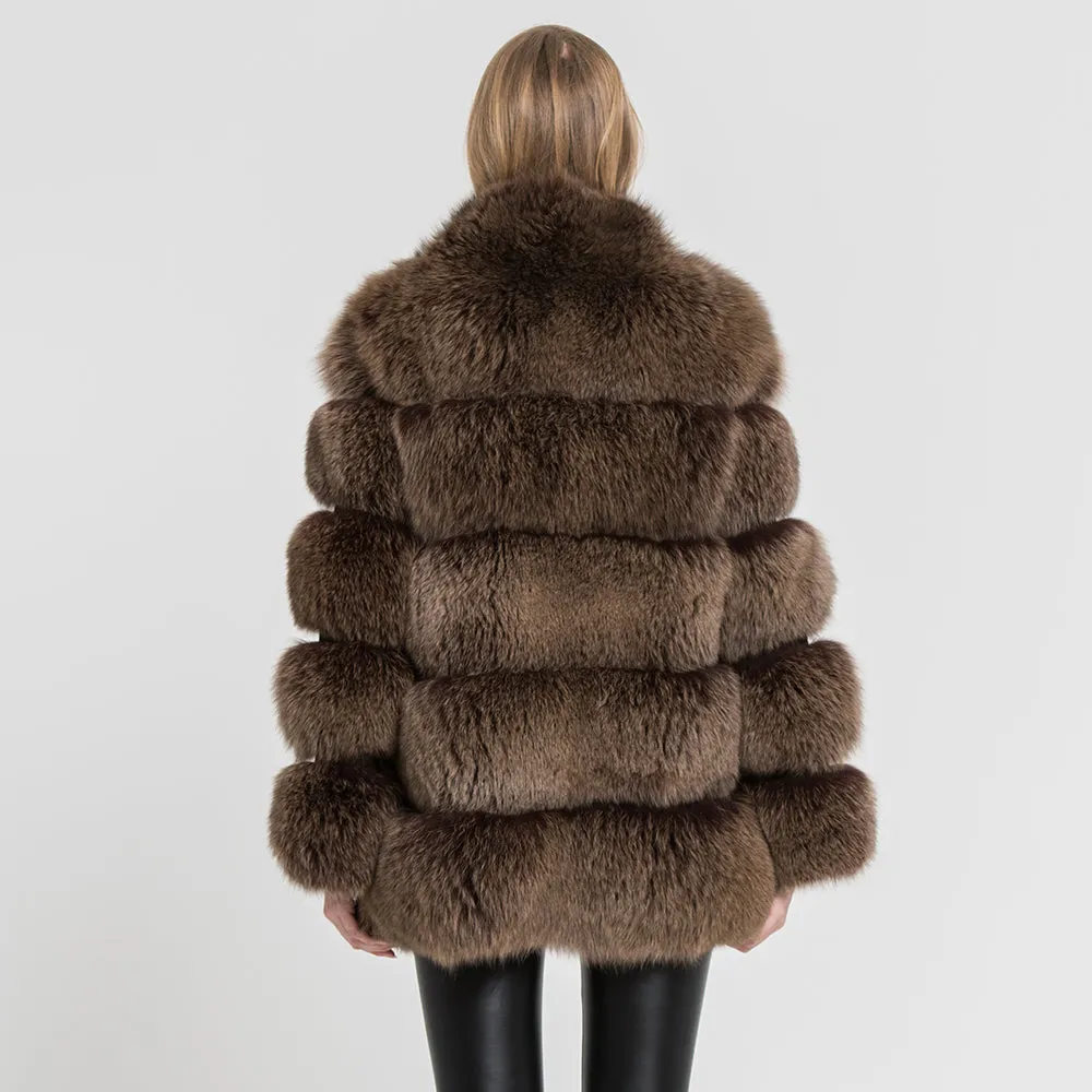Real Fox Fur Coat Women Natural Fur Jacket Winter Thick Outerwear Coffee Frosted
