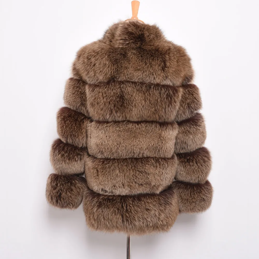 Real Fox Fur Coat Women Natural Fur Jacket Winter Thick Outerwear Coffee Frosted
