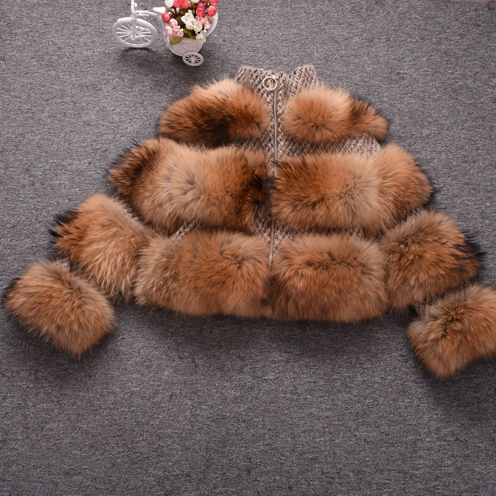 Real Raccoon and Tweed Fur Coat Lady Zippped Jacket