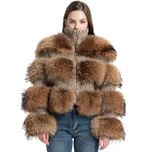 Real Raccoon and Tweed Fur Coat Lady Zippped Jacket