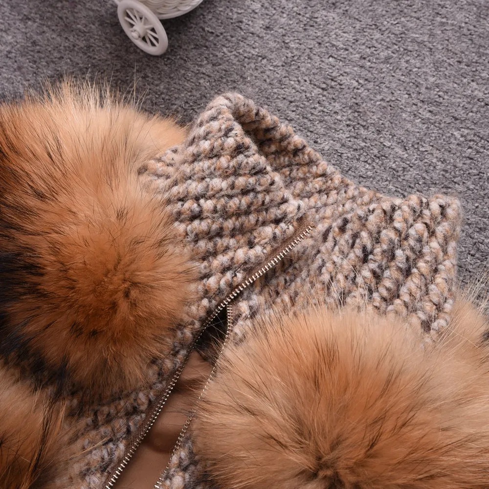Real Raccoon and Tweed Fur Coat Lady Zippped Jacket