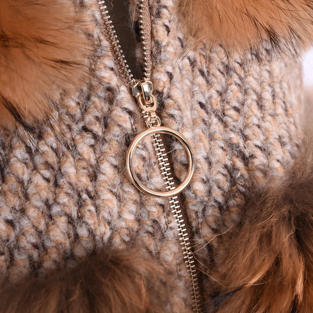 Real Raccoon and Tweed Fur Coat Lady Zippped Jacket