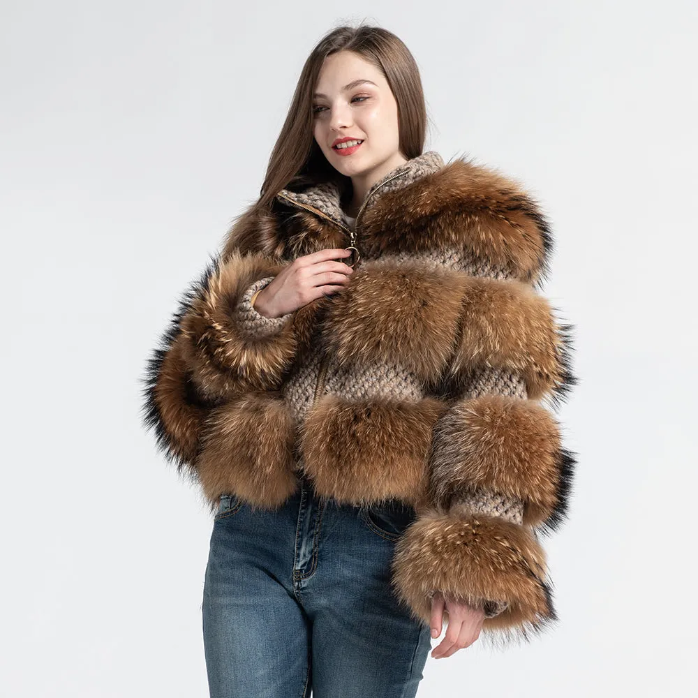 Real Raccoon and Tweed Fur Coat Lady Zippped Jacket