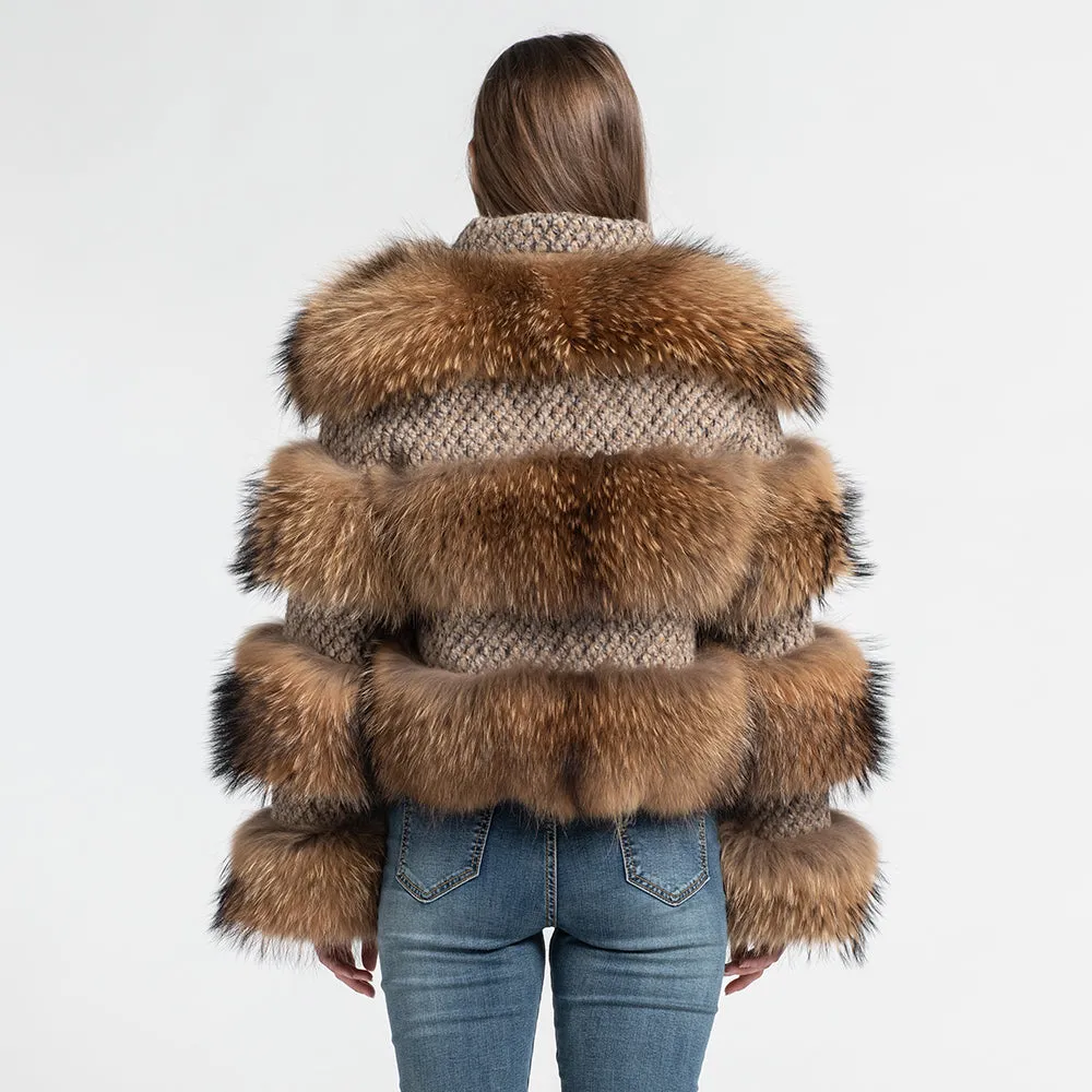 Real Raccoon and Tweed Fur Coat Lady Zippped Jacket